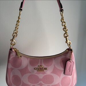 Coach Pink Signature Canvas Shoulder Bag with Gold Hardware